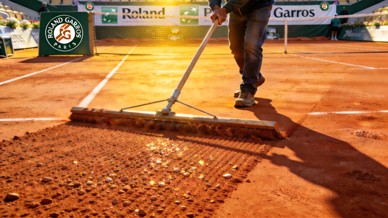 网球大满贯赛事法国网球公开赛的场地准备画面，红土球场整洁平整